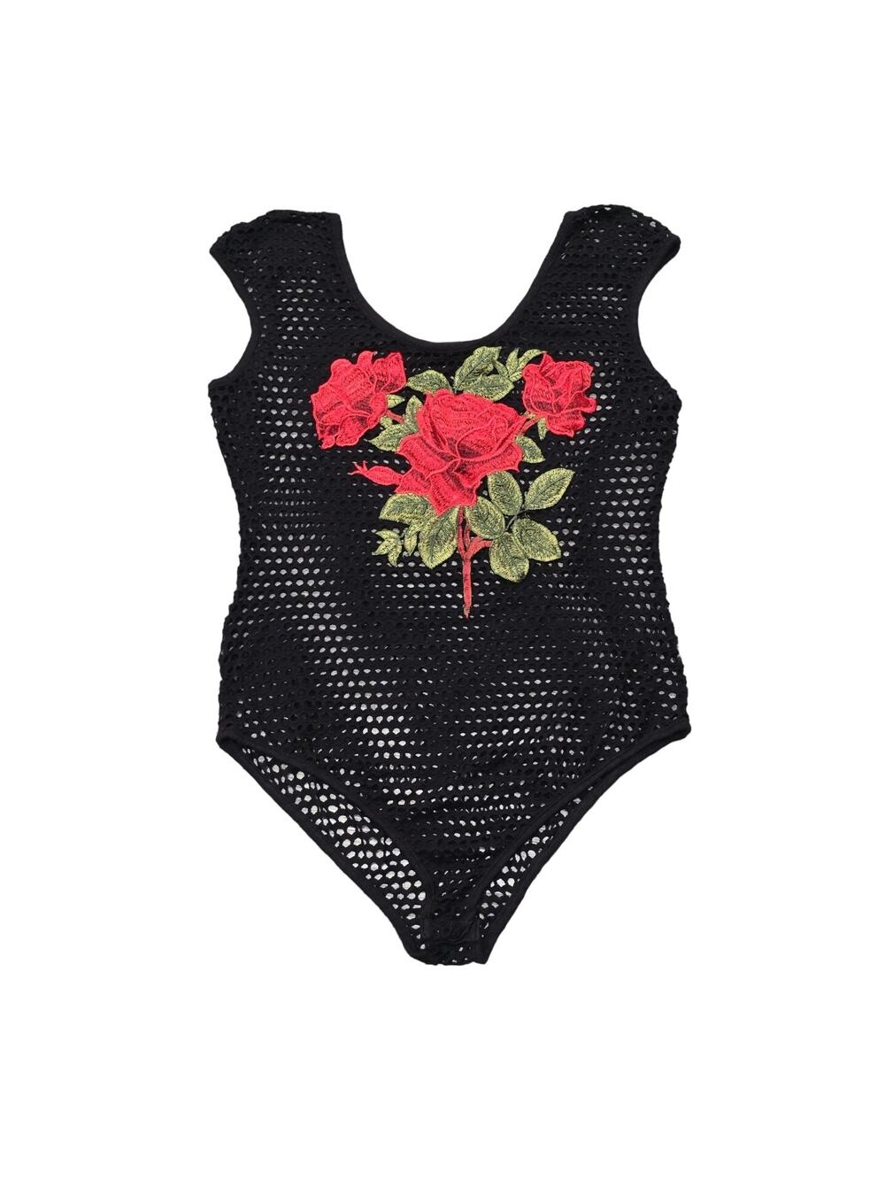 Papermoon Black Crochet w. Floral Red Rose Patched Sleeveless Tank Top Bodysuit